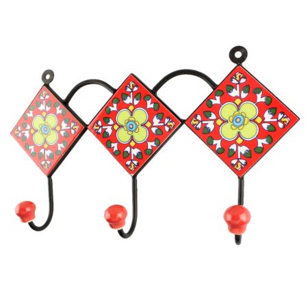 Ceramic Floral Tile Hook in Red Color